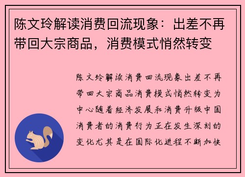 陈文玲解读消费回流现象：出差不再带回大宗商品，消费模式悄然转变
