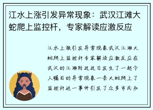 江水上涨引发异常现象：武汉江滩大蛇爬上监控杆，专家解读应激反应