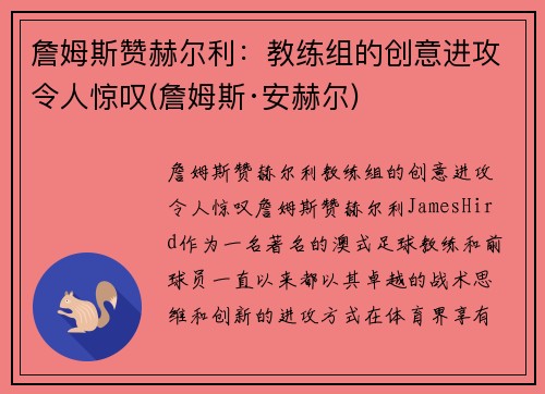 詹姆斯赞赫尔利：教练组的创意进攻令人惊叹(詹姆斯·安赫尔)